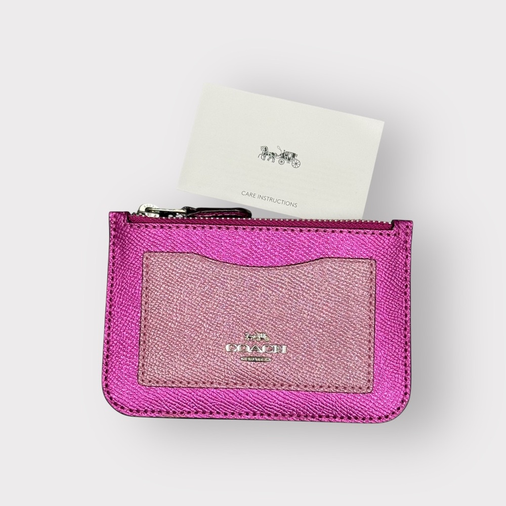Coach Card/Coin Case In Metallic Pink Colorblock Leather NWOT - Picture 3 of 4